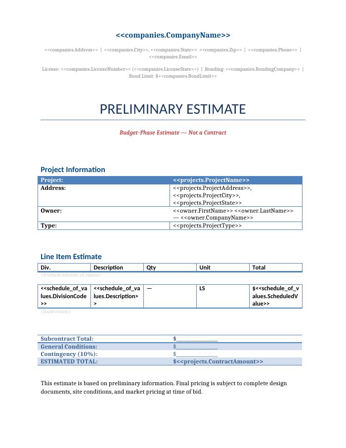 Preview of the Preliminary Estimate template