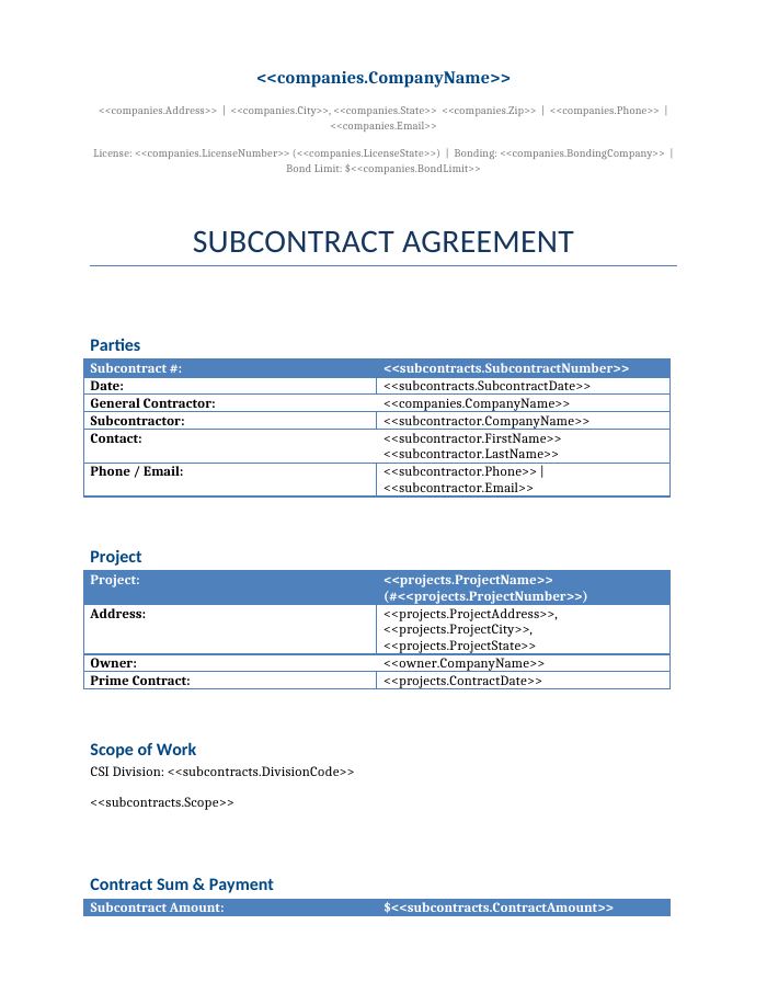 Preview of the Subcontract Agreement template