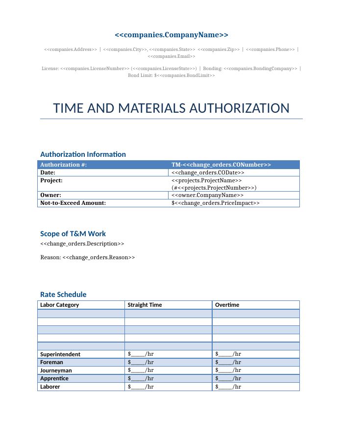Preview of the Time and Materials Authorization template