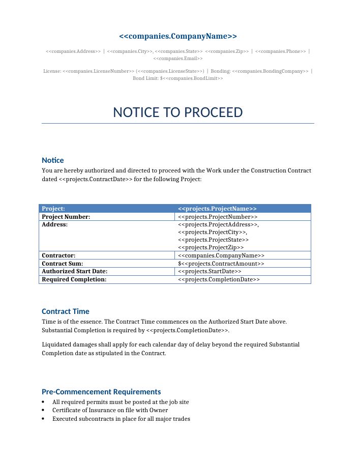 Preview of the Notice to Proceed template