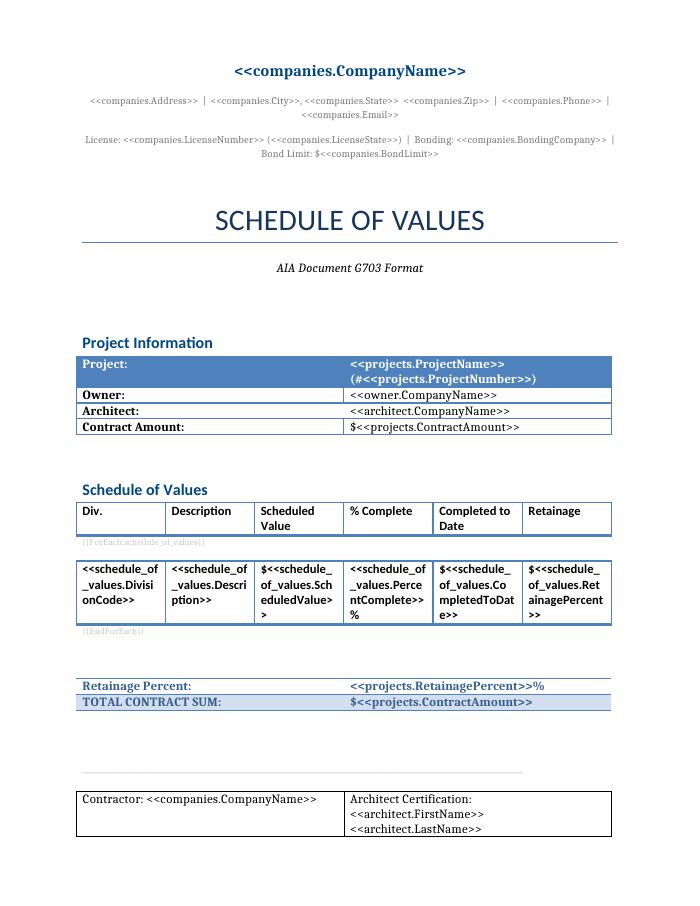 Preview of the Schedule of Values template