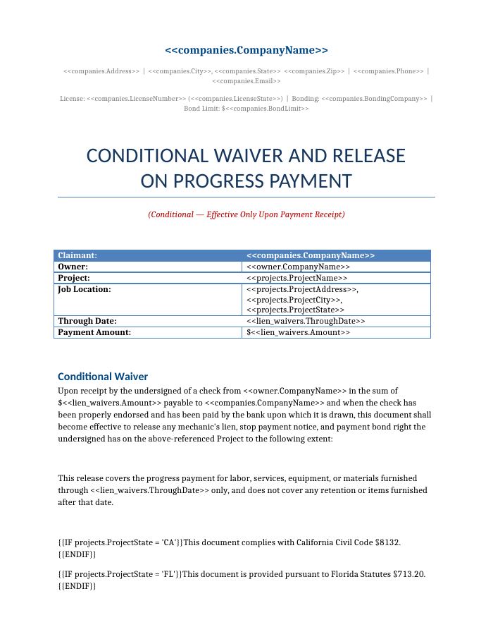 Preview of the Conditional Lien Waiver template