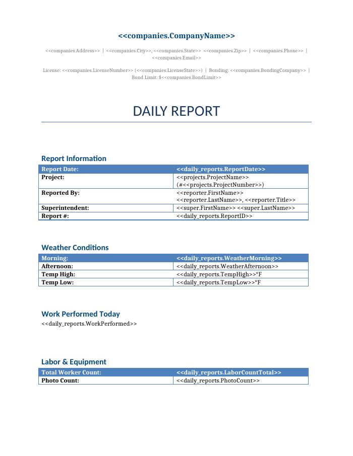 Preview of the Daily Report template