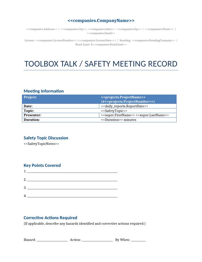 Preview of the Toolbox Talk / Safety Meeting Record template