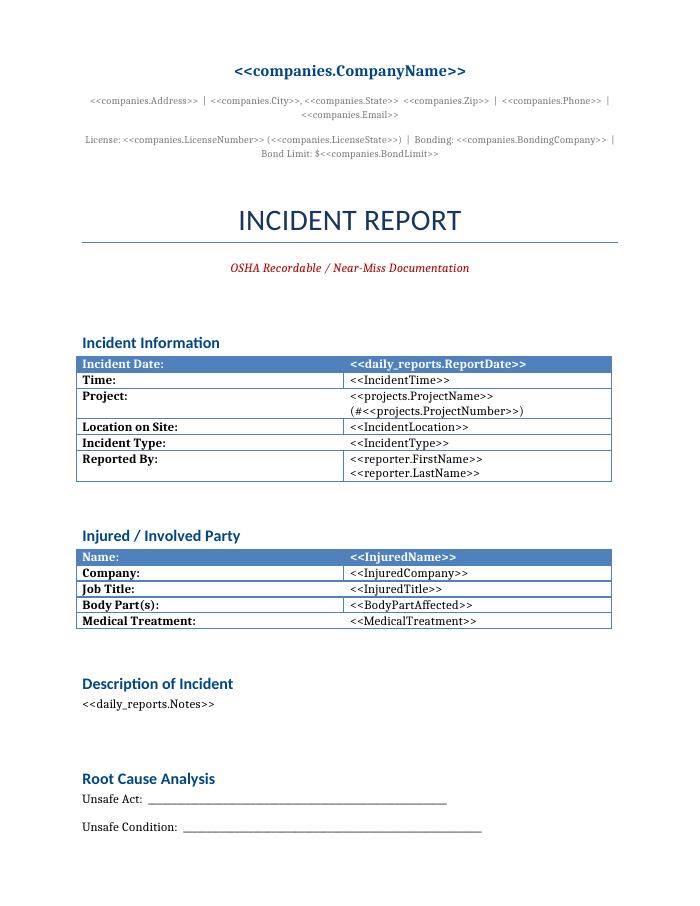Preview of the Incident Report template