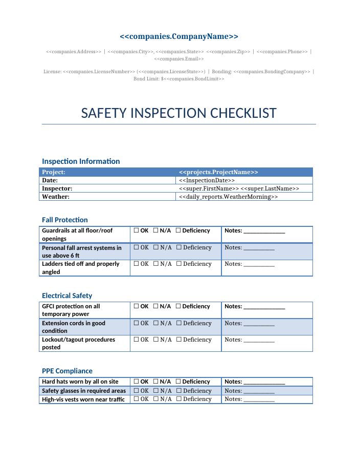 Preview of the Safety Inspection Checklist template