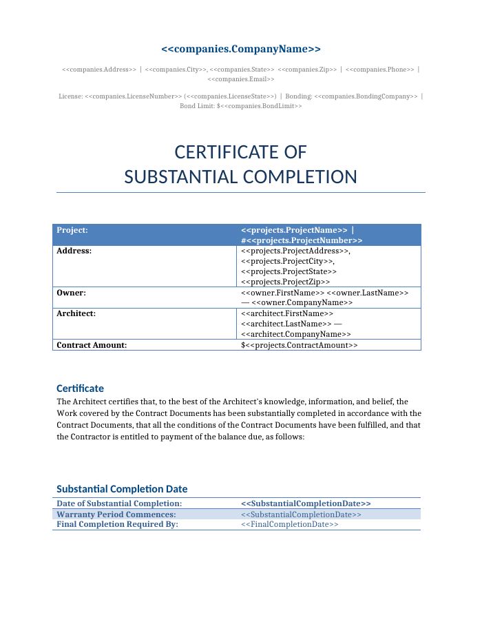 Preview of the Substantial Completion Certificate template
