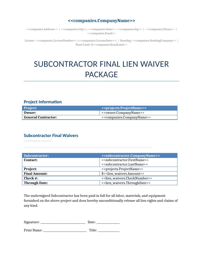 Preview of the Subcontractor Final Lien Waivers template