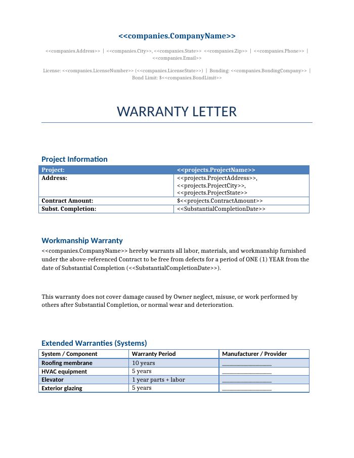 Preview of the Warranty Letter template