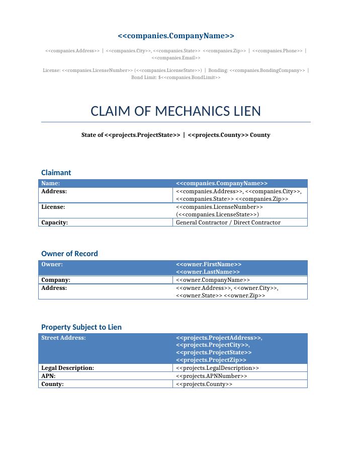 Preview of the Mechanics Lien Claim template