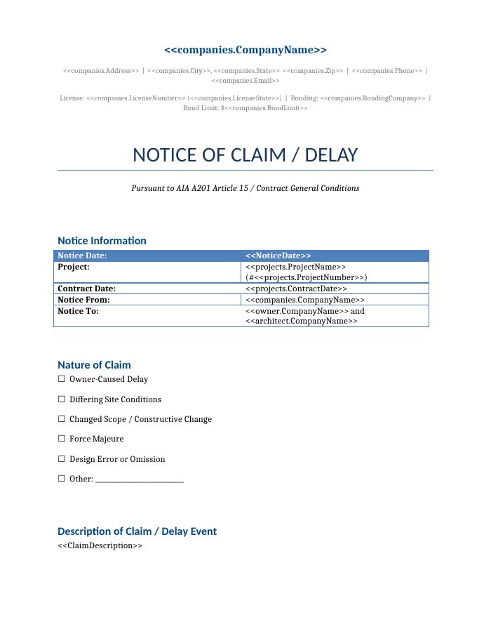 Preview of the Notice of Claim / Delay template