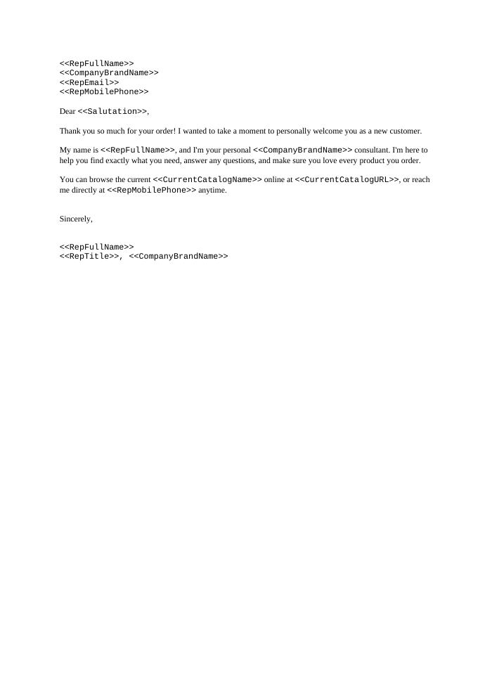 Preview of the New Customer Welcome Letter template