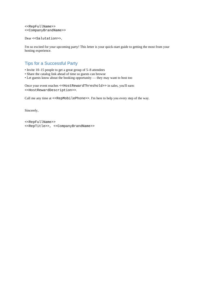 Preview of the Host Coaching Letter template