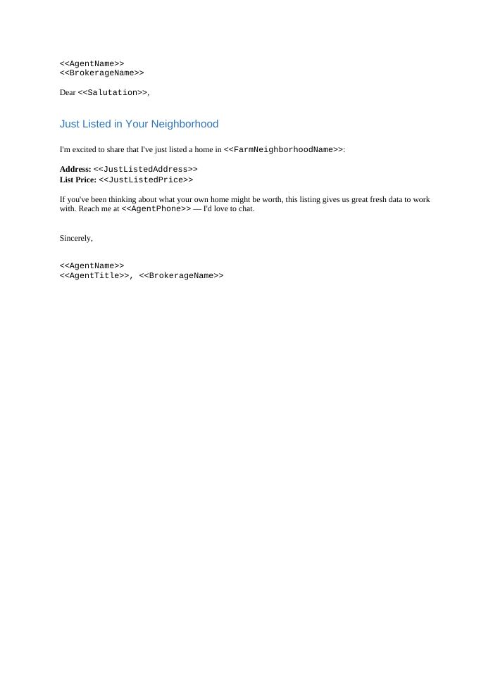 Preview of the Just Listed Notice template