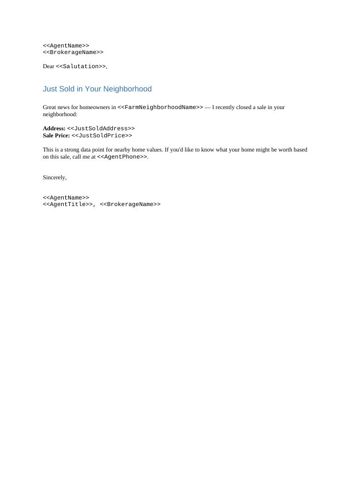 Preview of the Just Sold Notice template