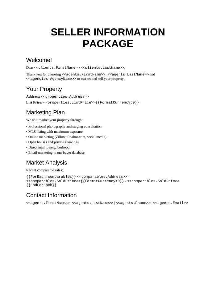 Preview of the Seller Information Package template