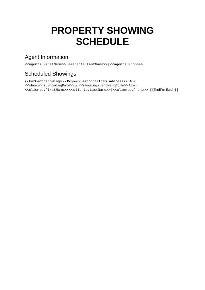 Preview of the Property Showing Schedule template