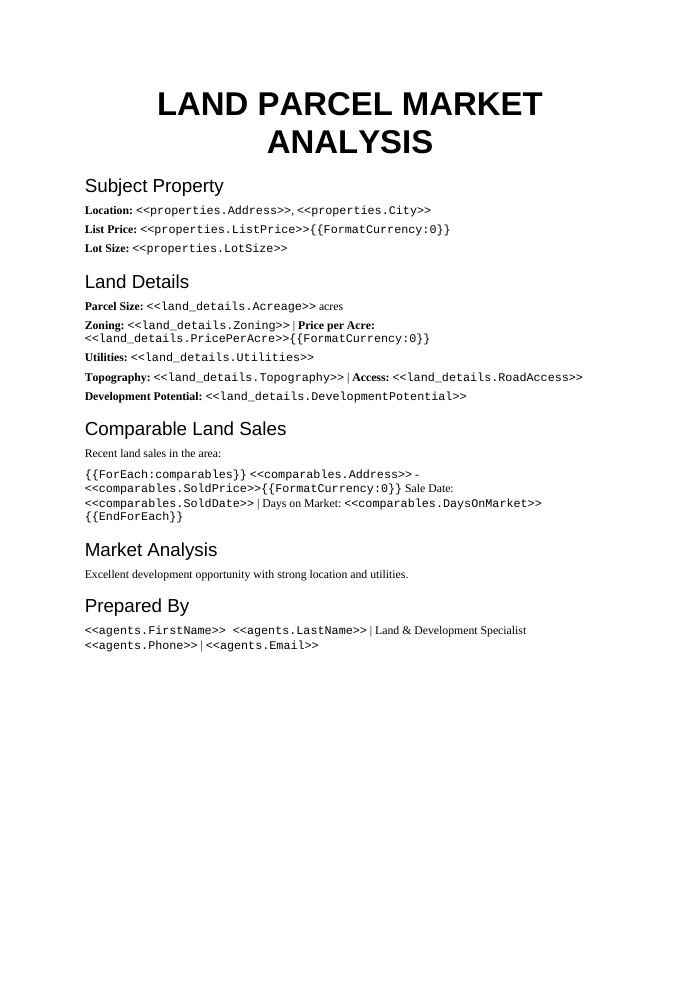 Preview of the Land & Lot CMA template