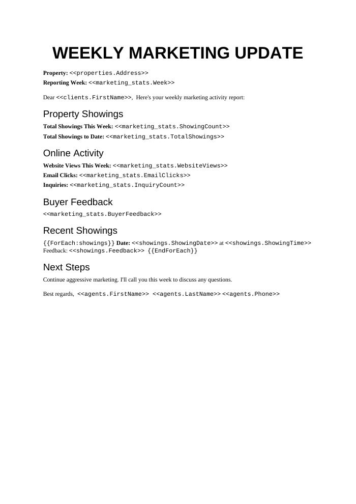 Preview of the Weekly Seller Update template