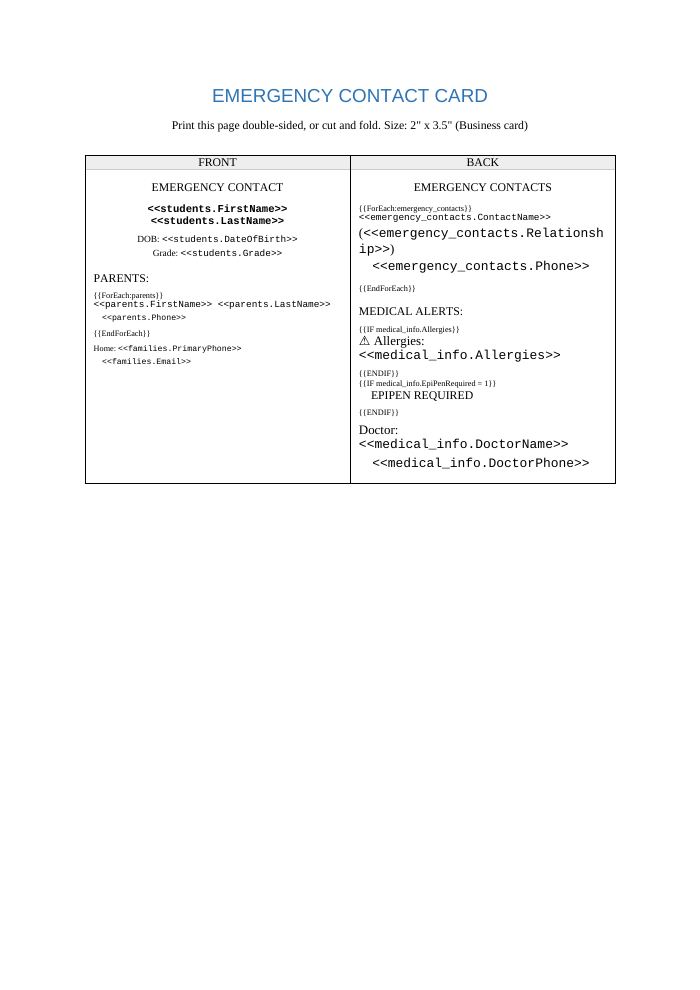 Preview of the Emergency Contact Card template