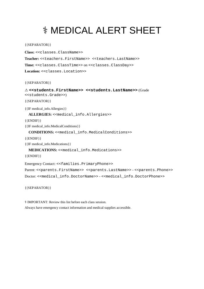Preview of the Medical Alert Sheet template