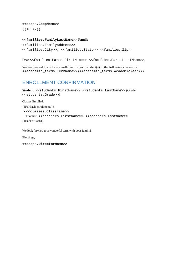 Preview of the Enrollment Confirmation Letter template
