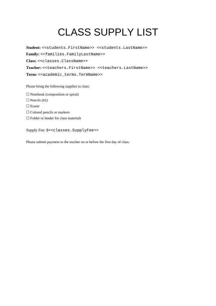 Preview of the Supply List template