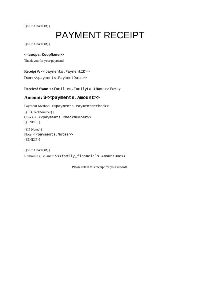 Preview of the Payment Receipt template