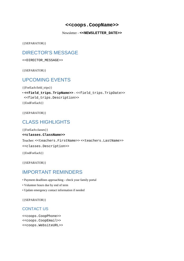 Preview of the Co-op Newsletter template