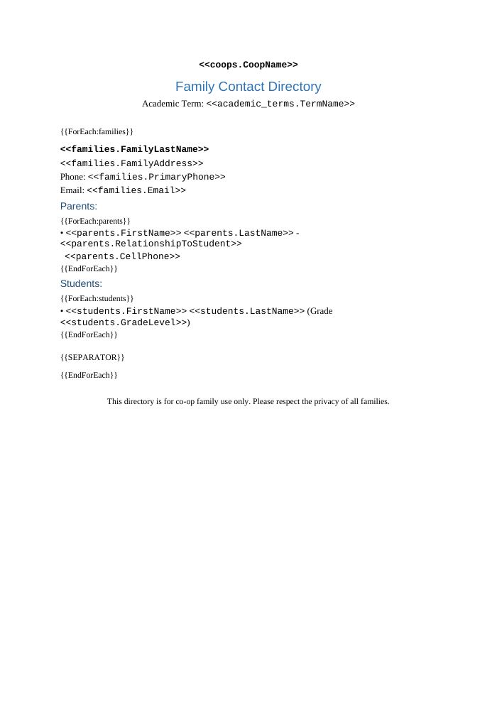 Preview of the Family Contact Directory template