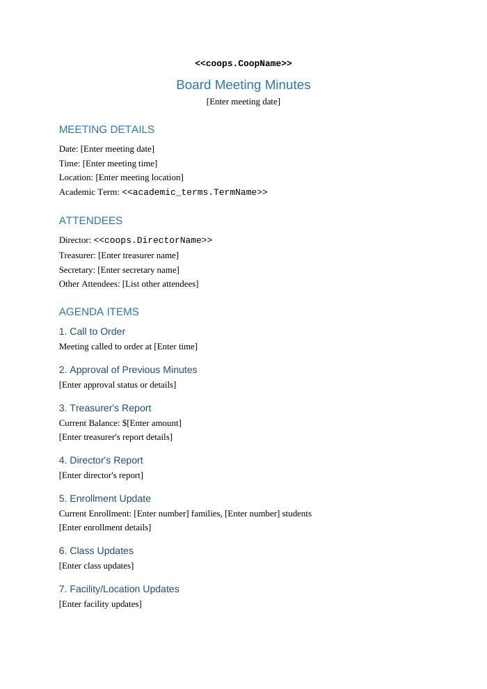 Preview of the Board Meeting Minutes template