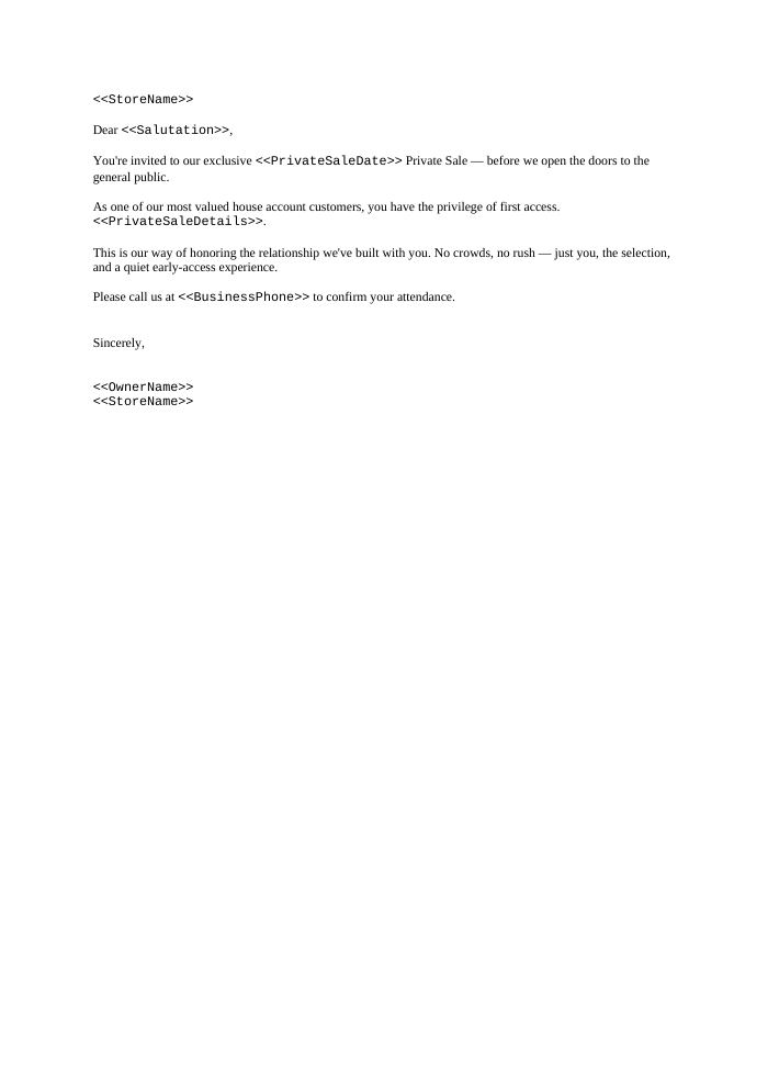 Preview of the Private Sale Invitation template